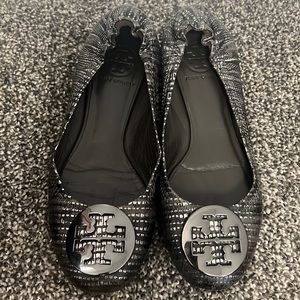 Tory Burch Medallion Flats - Gun Metal with snake skin